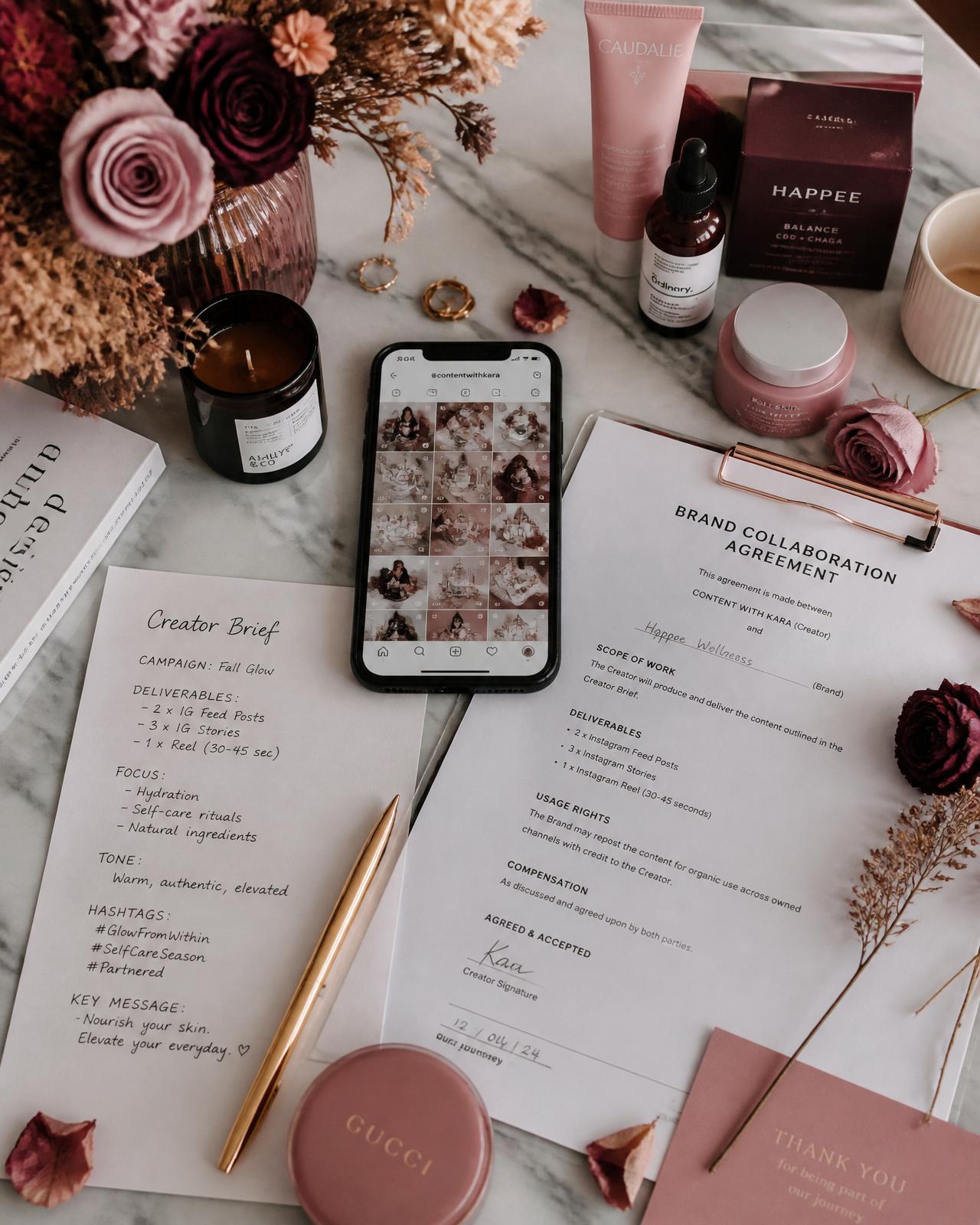 Editorial flat lay of creator brief, product samples, and contract