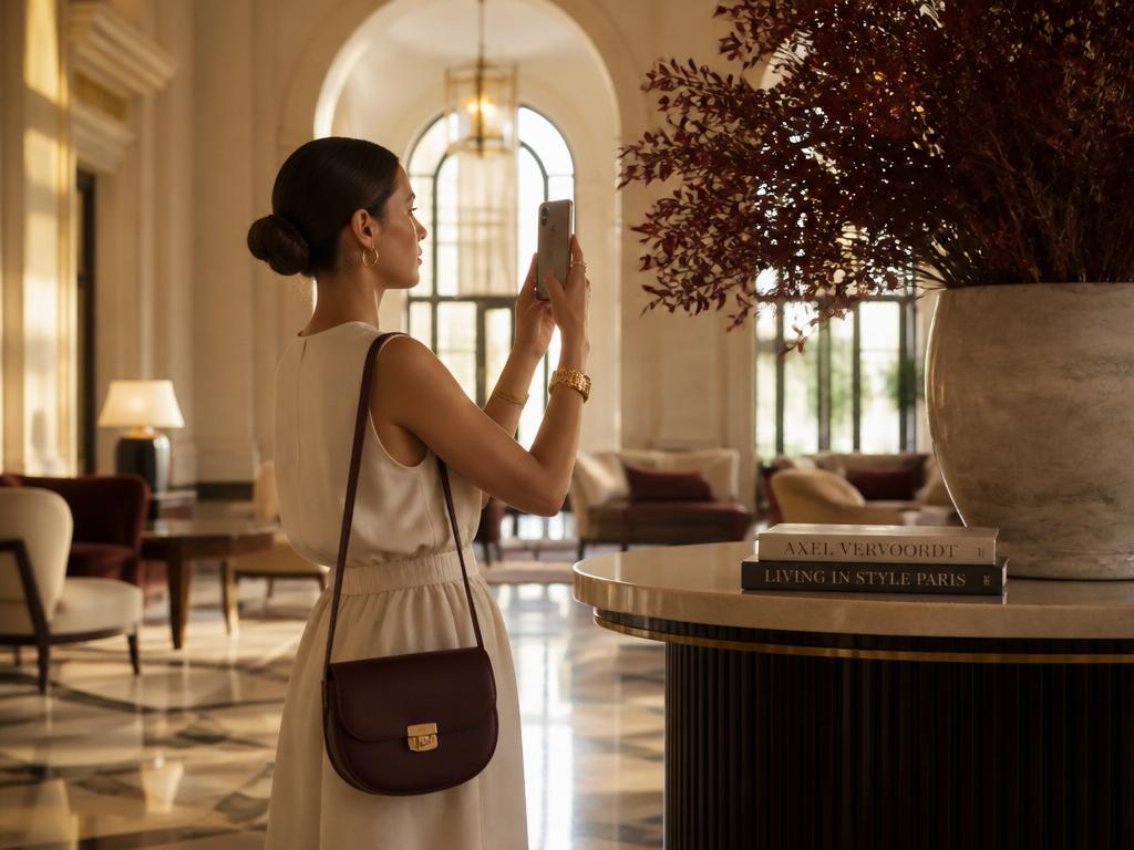Lifestyle creator Sofia capturing content in a luxury hotel lobby with warm afternoon light